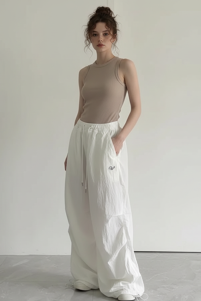Pantalon Parachute Blanc Ample Cargo Fluide Décontracté - Polyester