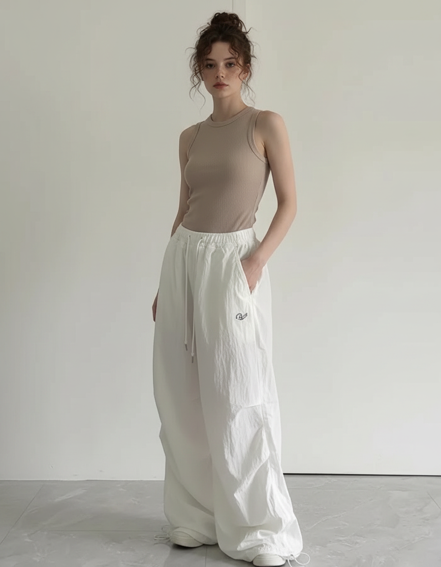 Pantalon Parachute Blanc Ample Cargo Fluide Décontracté - Polyester