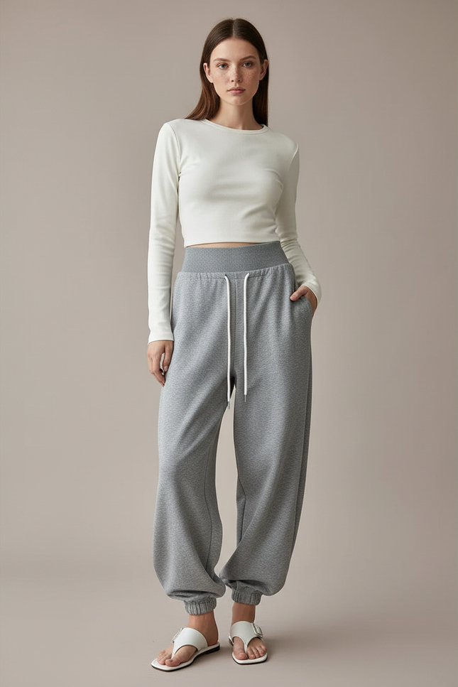 Pantalon Parachute Gris Ample Molleton Décontracté Drapé