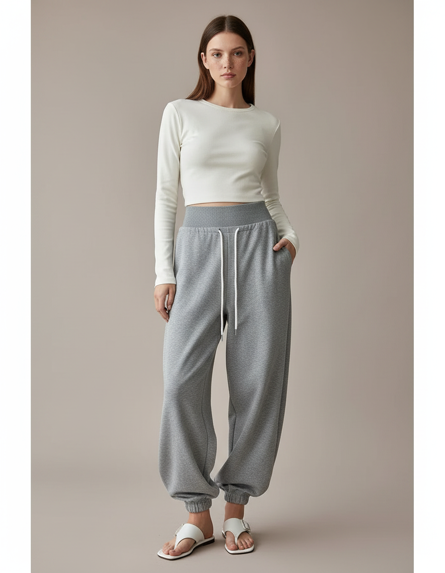 Pantalon Parachute Gris Ample Molleton Décontracté Drapé