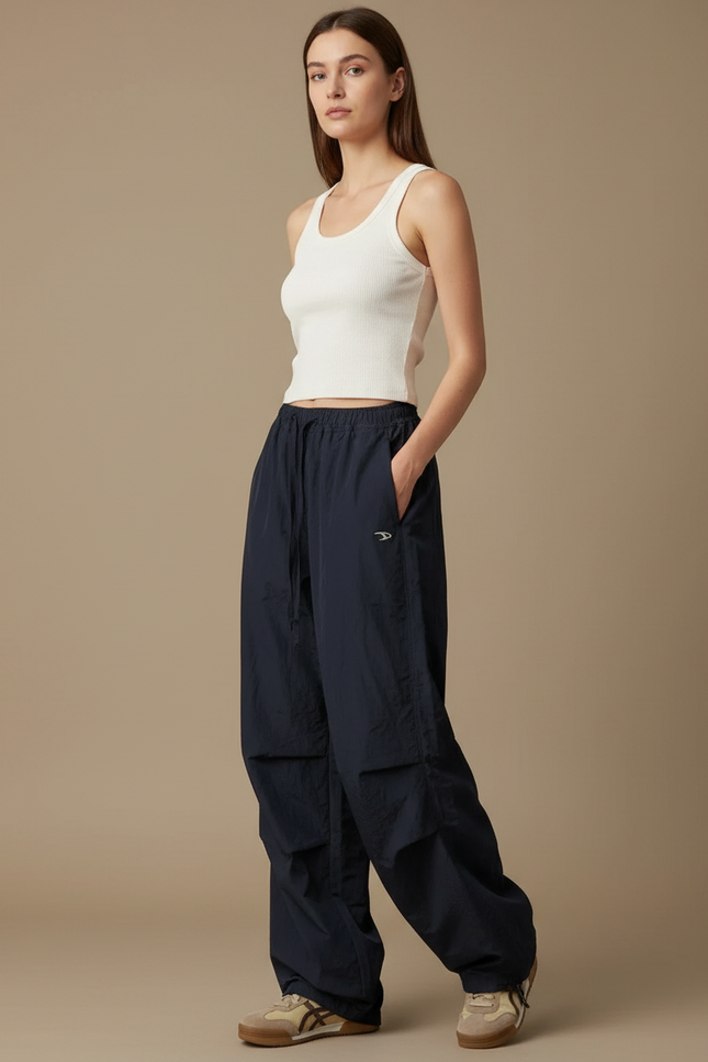 Pantalon Parachute Bleu Marine Ample Fluide Décontracté - Polyester