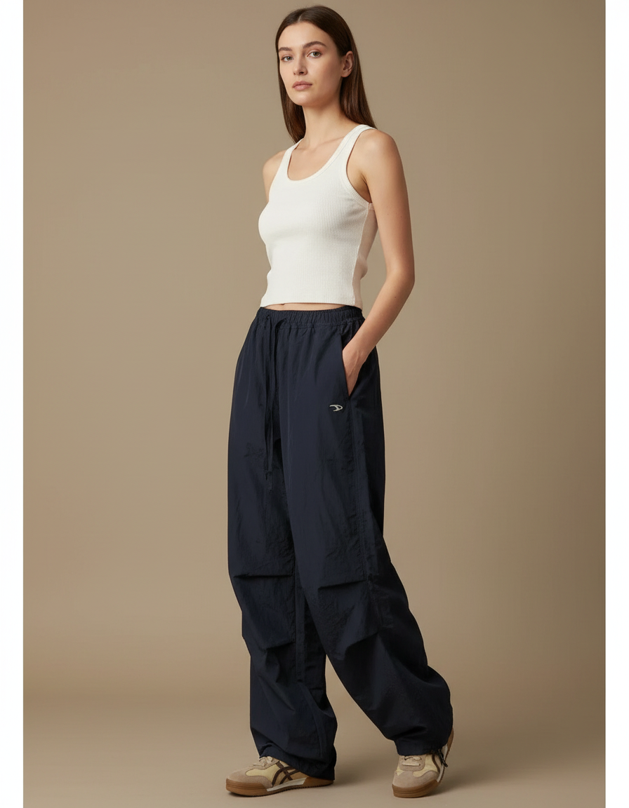 Pantalon Parachute Bleu Marine Ample Fluide Décontracté - Polyester