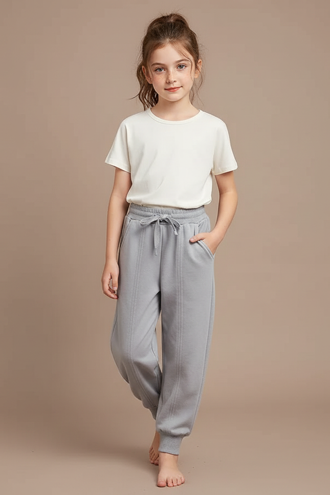 Pantalon Parachute Fille Gris Resserré Aux Chevilles Streetwear - Molleton