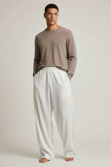 Pantalon Parachute Blanc Plissé Ample Homme Décontracté - Polyester