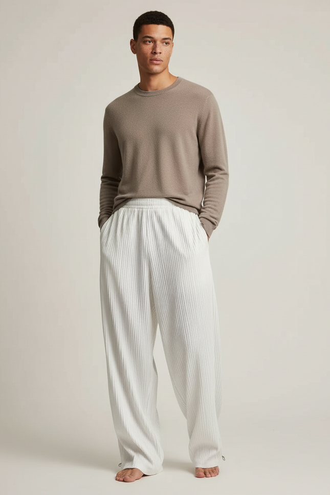 Pantalon Parachute Blanc Plissé Ample Homme Décontracté - Polyester