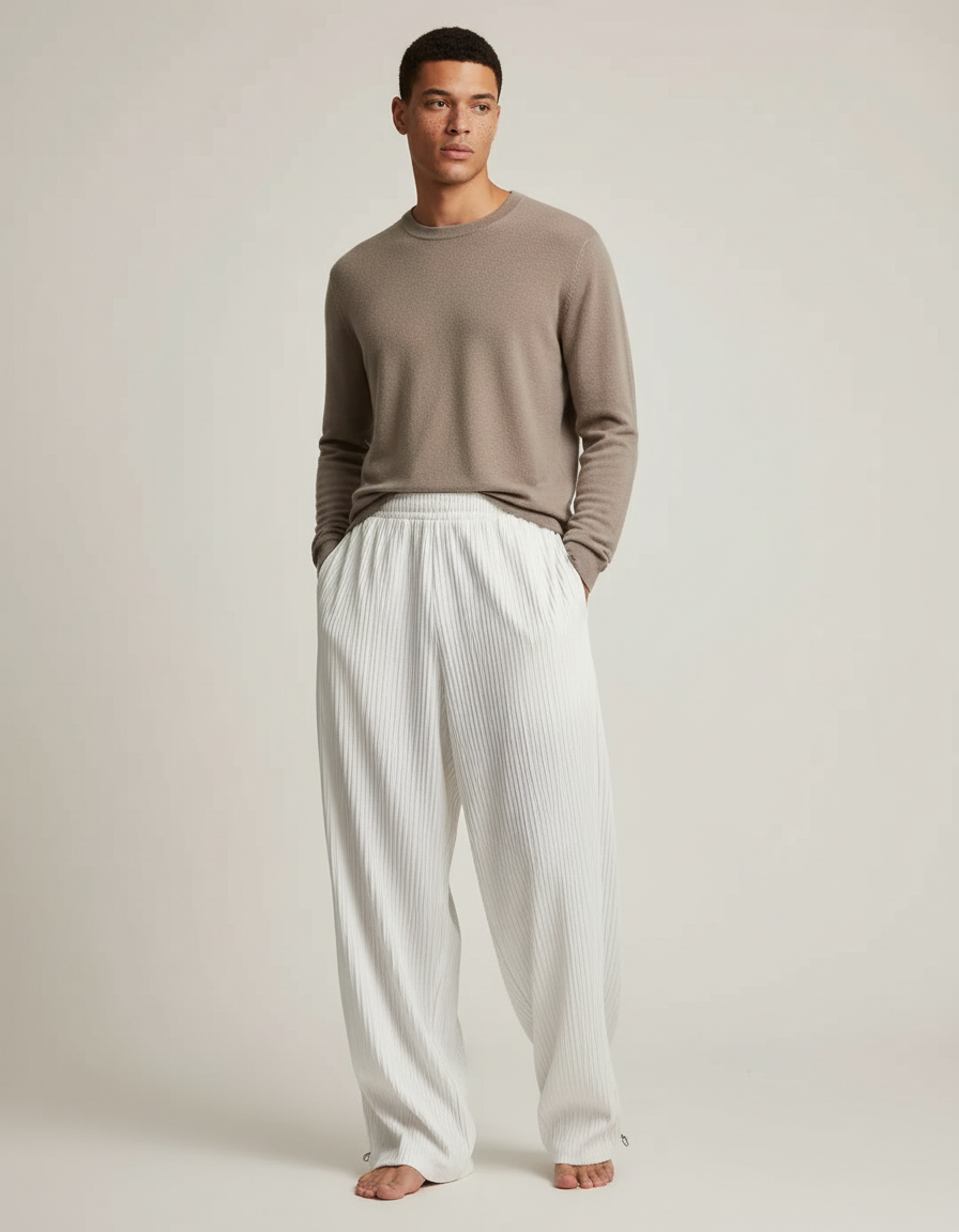 Pantalon Parachute Blanc Plissé Ample Homme Décontracté - Polyester
