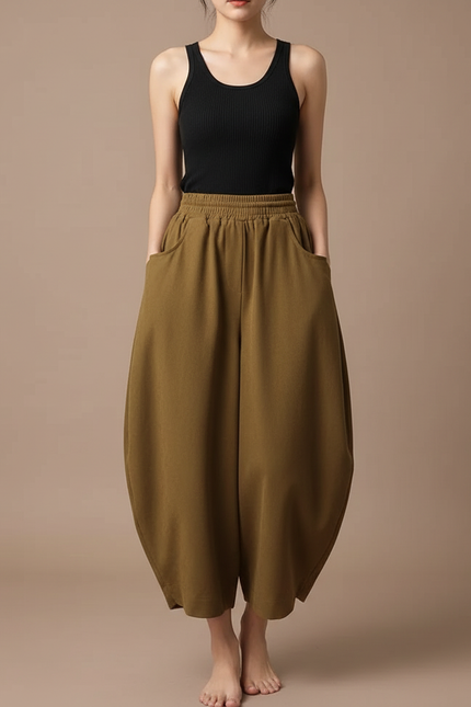 Pantalon Parachute Marron Ample Coton Décontracté Femme - Kaki