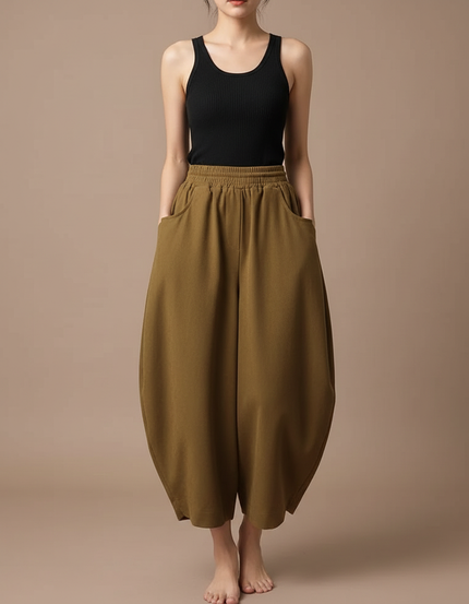 Pantalon Parachute Marron Ample Coton Décontracté Femme - Kaki