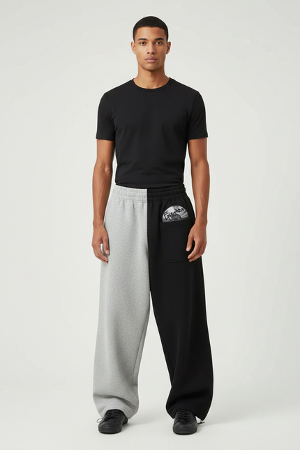 Pantalon Parachute Bicolore Ample Brodé Streetwear - Multicolore Molleton
