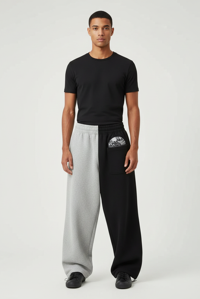 Pantalon Parachute Bicolore Ample Brodé Streetwear - Multicolore Molleton