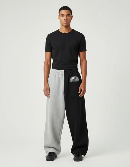 Pantalon Parachute Bicolore Ample Brodé Streetwear - Multicolore Molleton