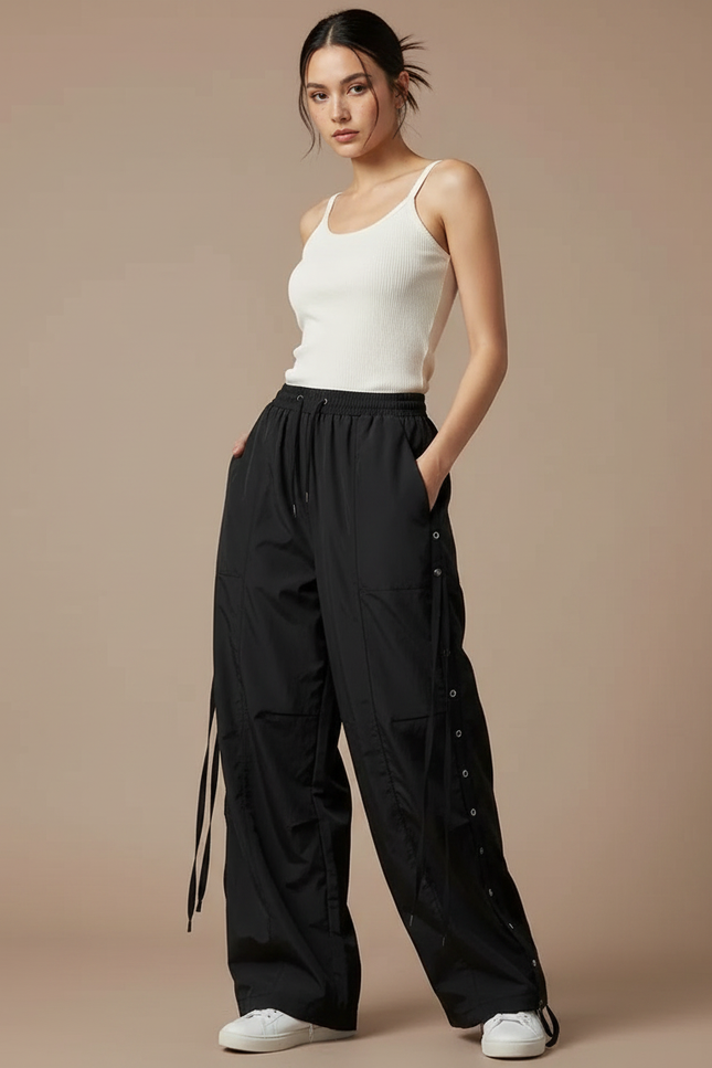 Pantalon Parachute Noir Ample Boutons Sport Femme - Polyester