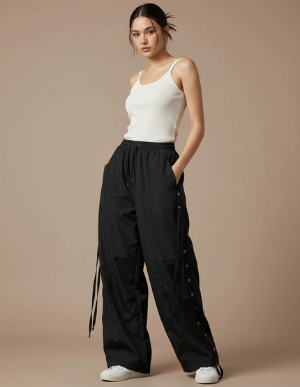 Pantalon Parachute Noir Ample Boutons Sport Femme - Polyester