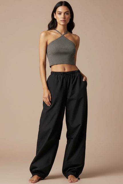 Pantalon Parachute Noir Ample Fluide Cordon Streetwear - Polyester