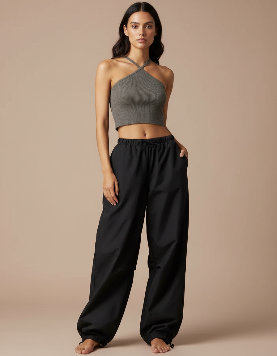 Pantalon Parachute Noir Ample Fluide Cordon Streetwear - Polyester