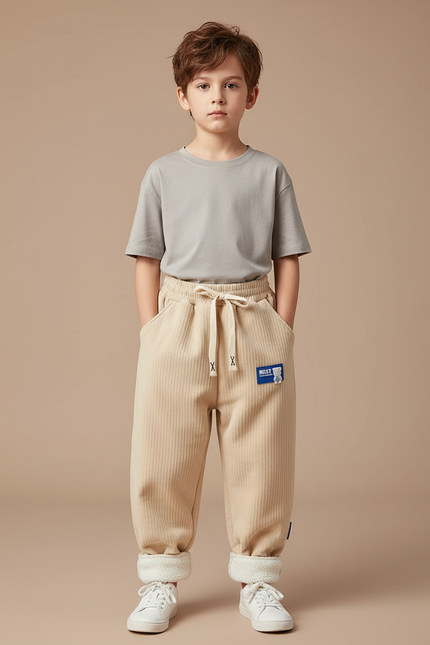 Pantalon Parachute Beige Côtelé Doublé Chaud Enfant - Cordé