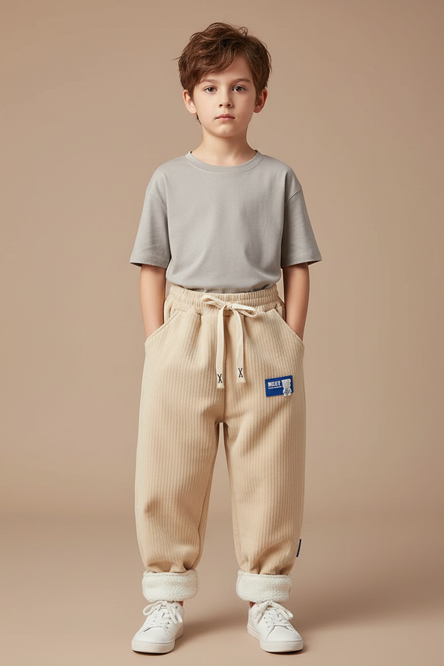 Pantalon Parachute Beige Côtelé Doublé Chaud Enfant - Cordé