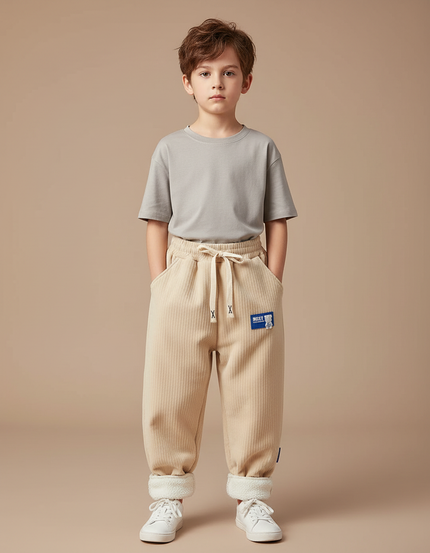 Pantalon Parachute Beige Côtelé Doublé Chaud Enfant - Cordé