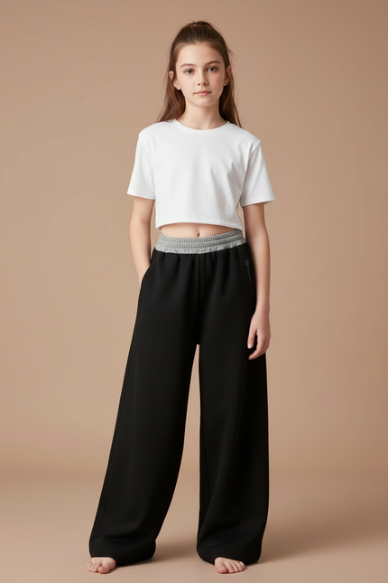 Pantalon Parachute Noir Ample Décontracté Coton Fille - Molleton