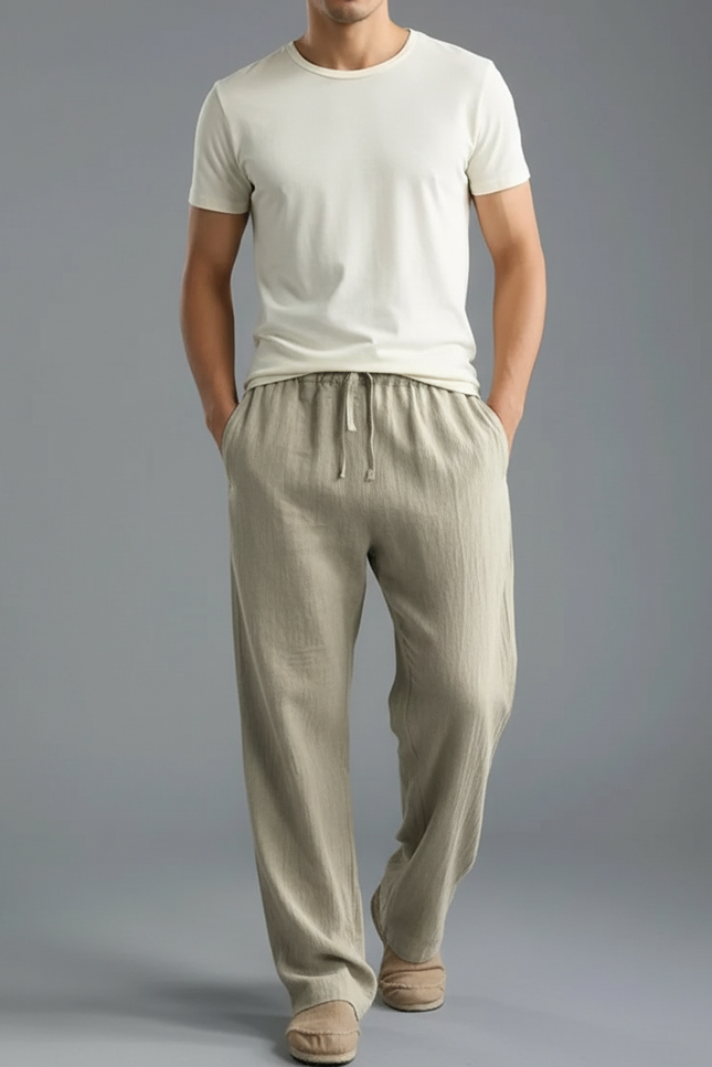 Pantalon Parachute Lin Coton Ample Beige Cordon Homme