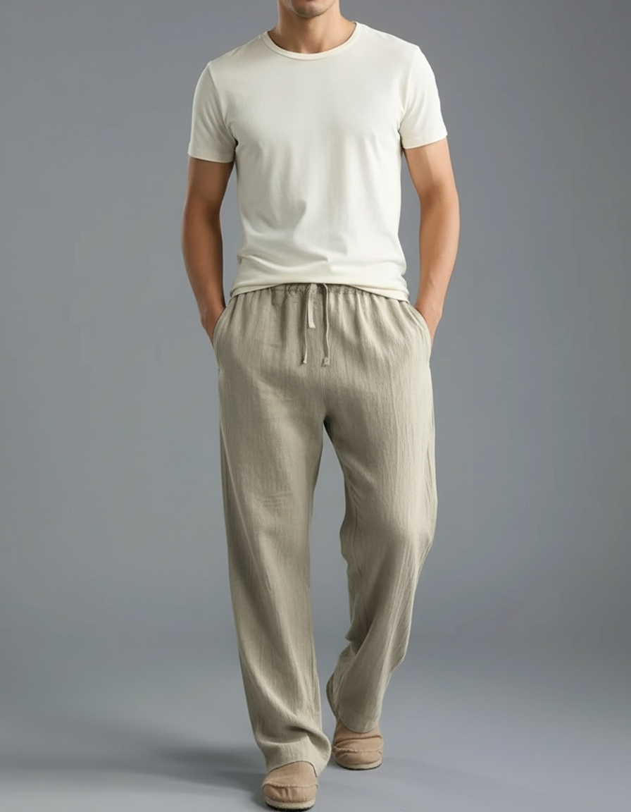 Pantalon Parachute Lin Coton Ample Beige Cordon Homme