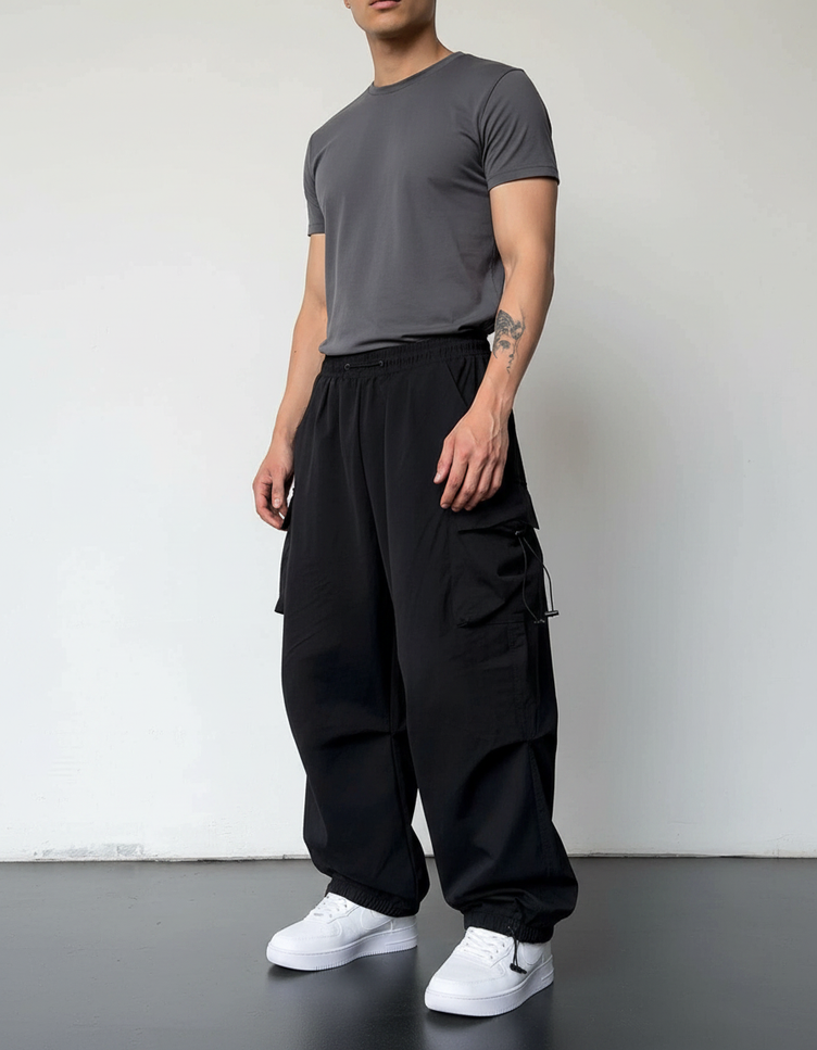 Pantalon Cargo Parachute Homme - Noir Polyester
