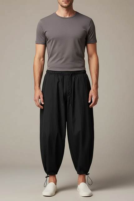 Pantalon Parachute Noir Ample Baggy Cordon Homme - Polyester