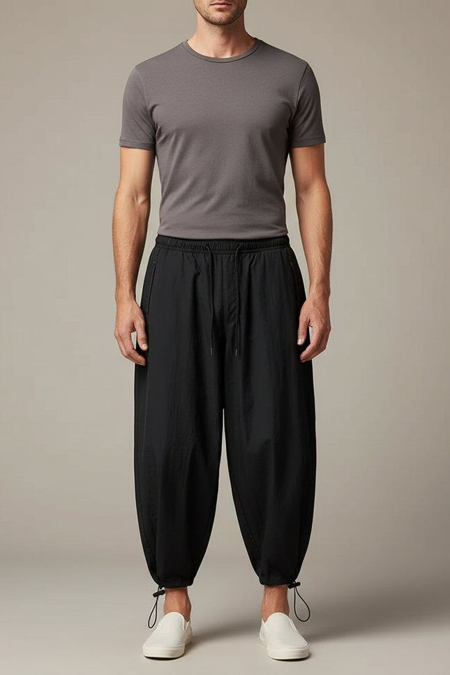 Pantalon Parachute Noir Ample Baggy Cordon Homme - Polyester