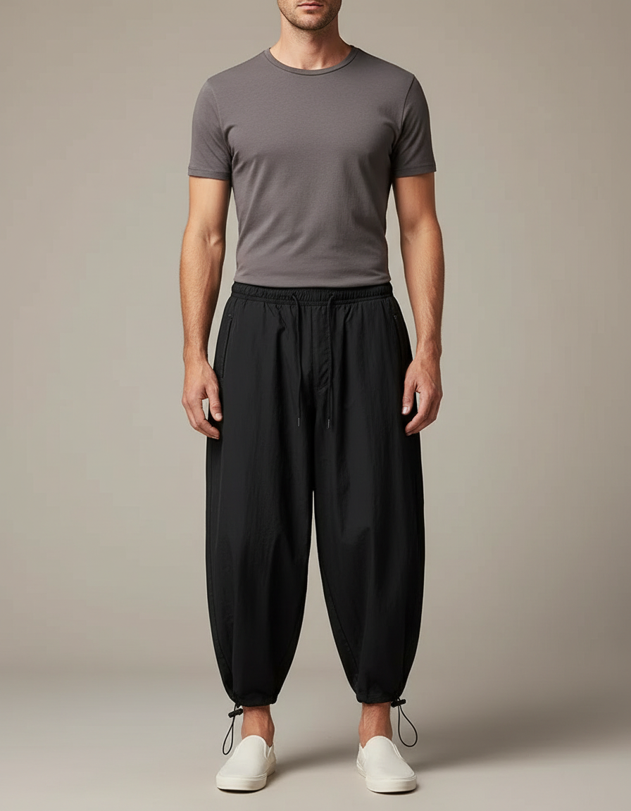 Pantalon Parachute Noir Ample Baggy Cordon Homme - Polyester