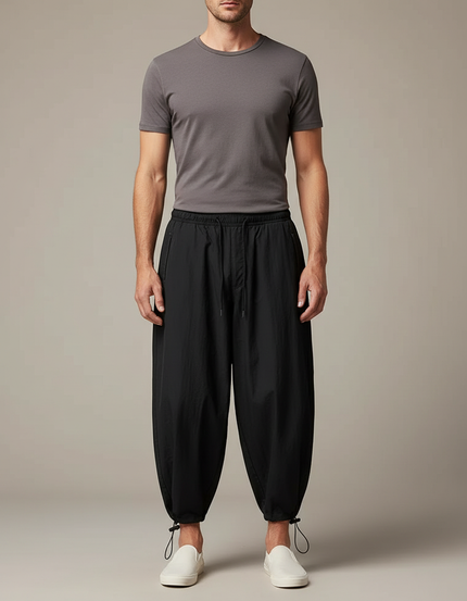 Pantalon Parachute Noir Ample Baggy Cordon Homme - Polyester