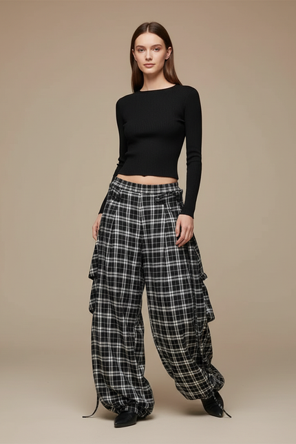 Pantalon Parachute Plaid Noir Blanc Ample Décontracté - Imprimé Laine