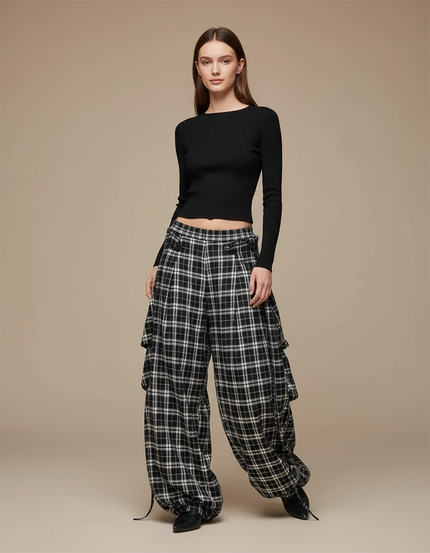 Pantalon Parachute Plaid Noir Blanc Ample Décontracté - Imprimé Laine