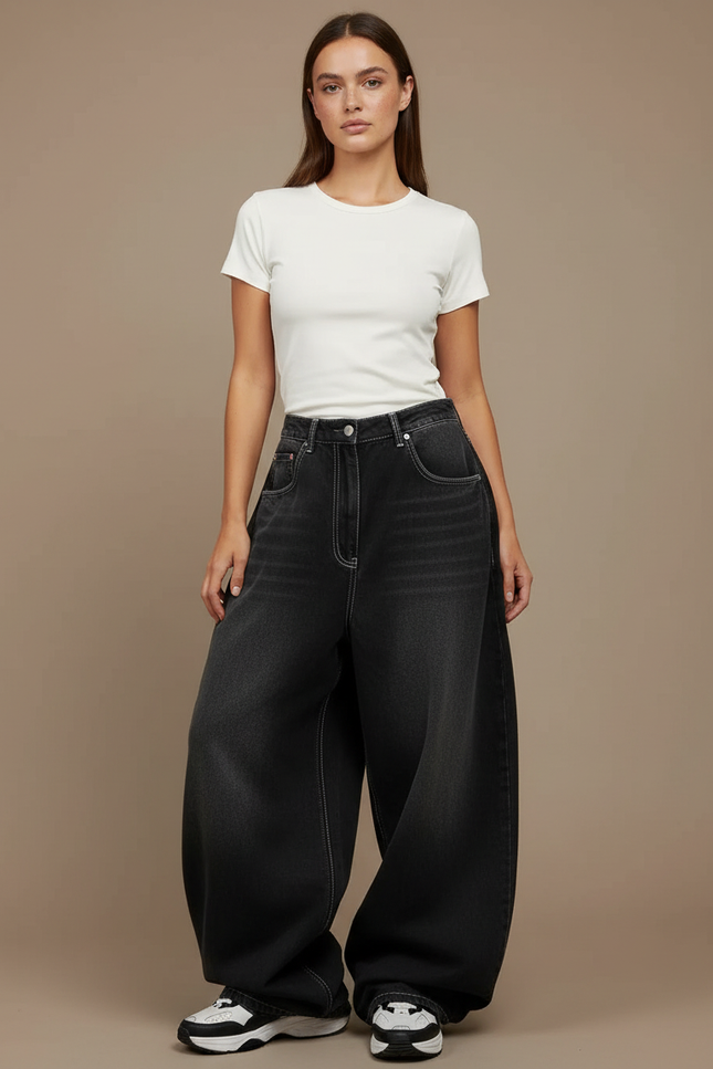 Pantalon Parachute Gris Délavé Ample Denim Y2K - Jean