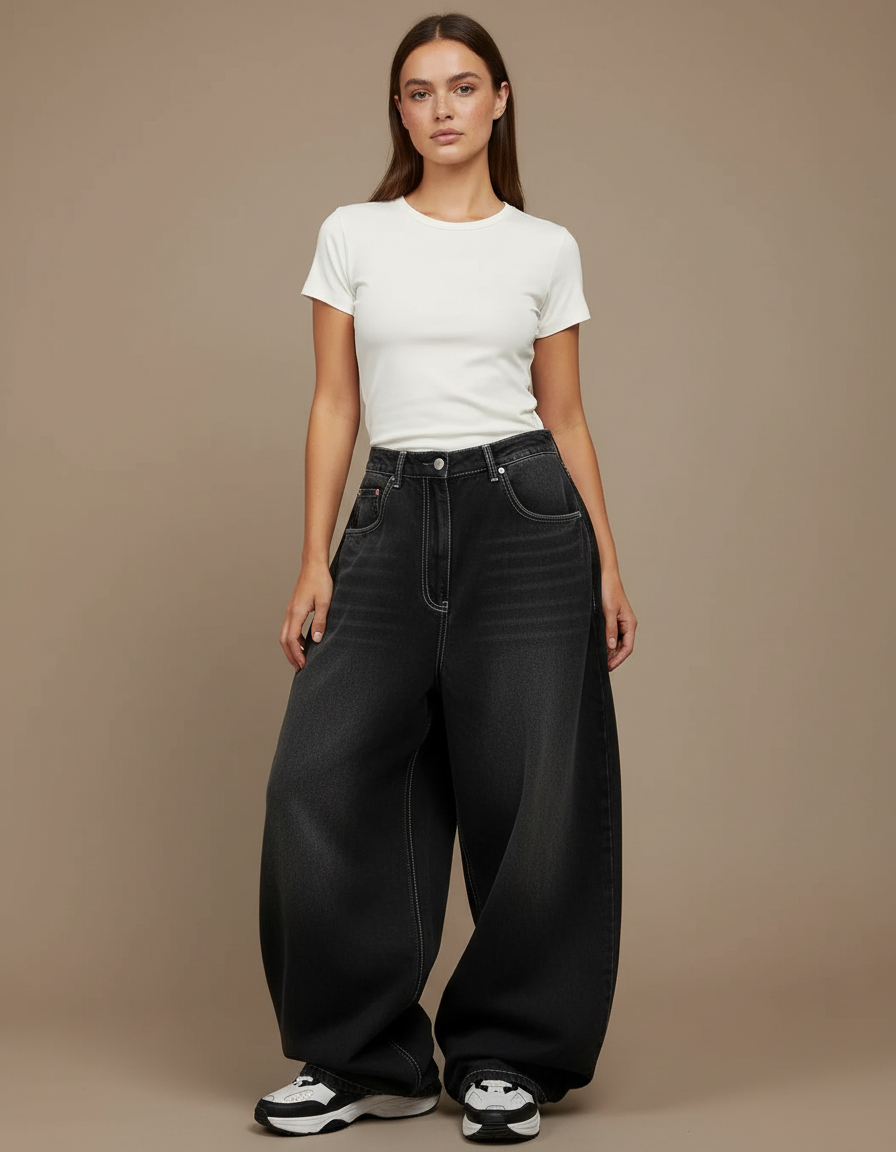 Pantalon Parachute Gris Délavé Ample Denim Y2K - Jean
