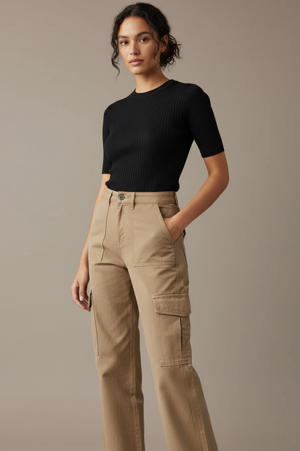 Pantalon Parachute Beige Cargo Ample Décontracté Femme - Toile