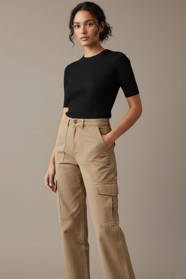 Pantalon Parachute Beige Cargo Ample Décontracté Femme - Toile