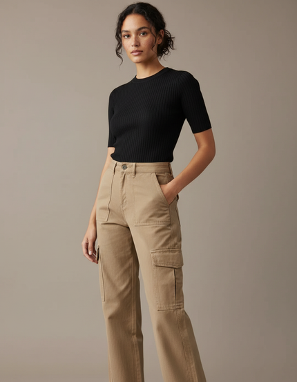 Pantalon Parachute Beige Cargo Ample Décontracté Femme - Toile