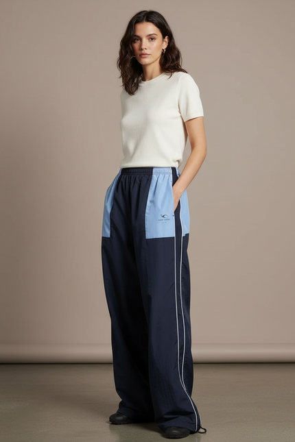 Pantalon Parachute Bicolore Ample Large Sport Décontracté - Marine Polyester