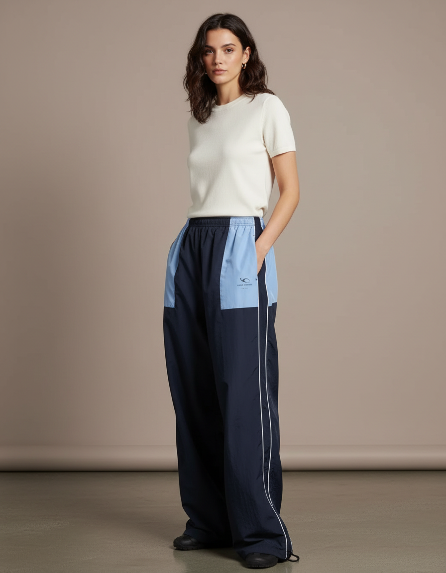Pantalon Parachute Bicolore Ample Large Sport Décontracté - Marine Polyester