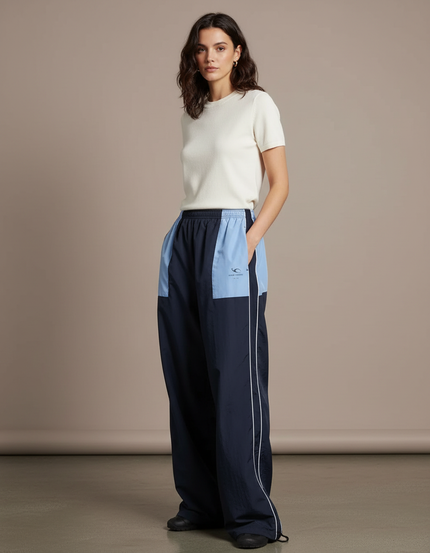 Pantalon Parachute Bicolore Ample Large Sport Décontracté - Marine Polyester