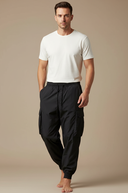 Pantalon Parachute Noir Cargo Cordon Ample Homme - Polyester