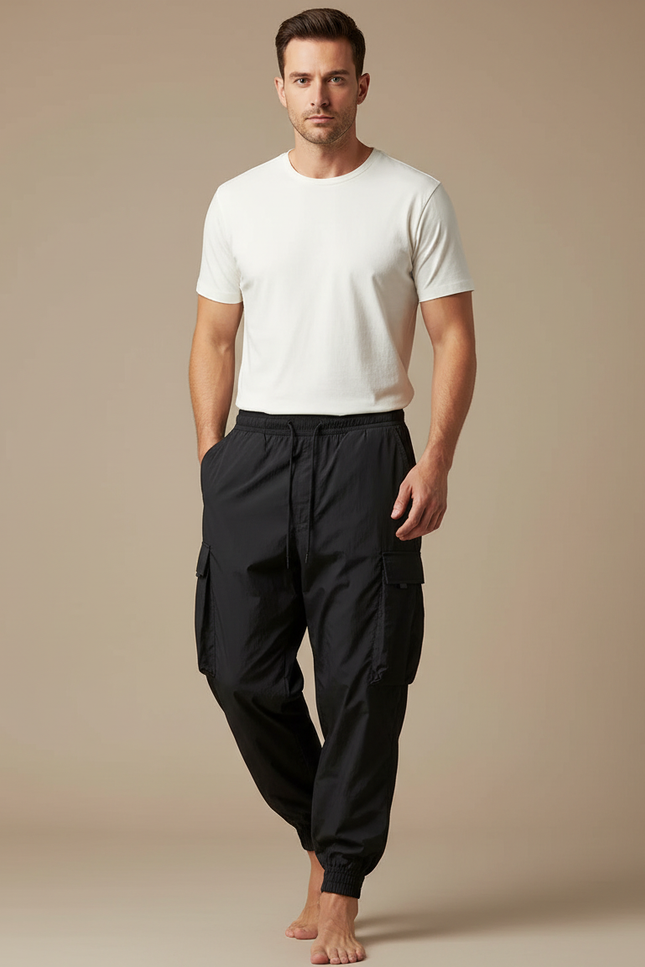 Pantalon Parachute Noir Cargo Cordon Ample Homme - Polyester