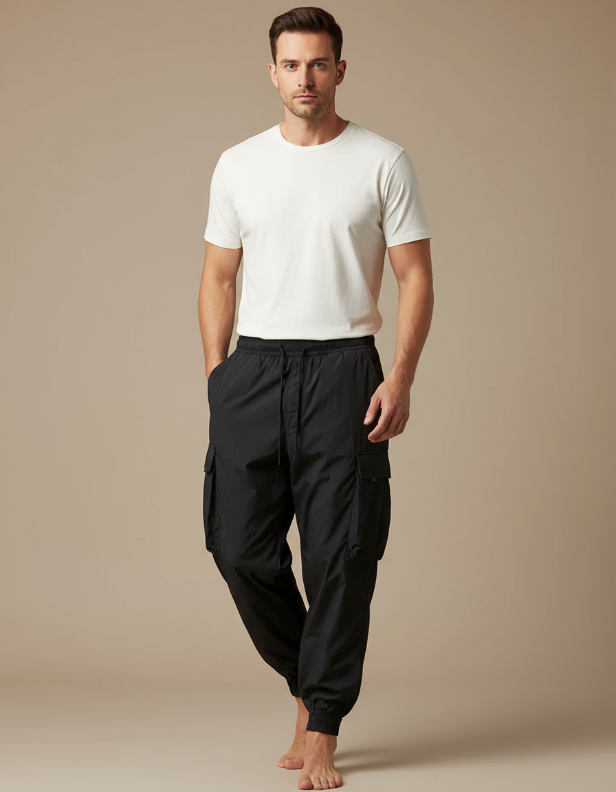 Pantalon Parachute Noir Cargo Cordon Ample Homme - Polyester