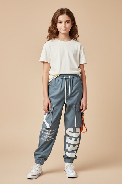 Pantalon Parachute Bleu Cargo Imprimé Ample Streetwear - Polyester
