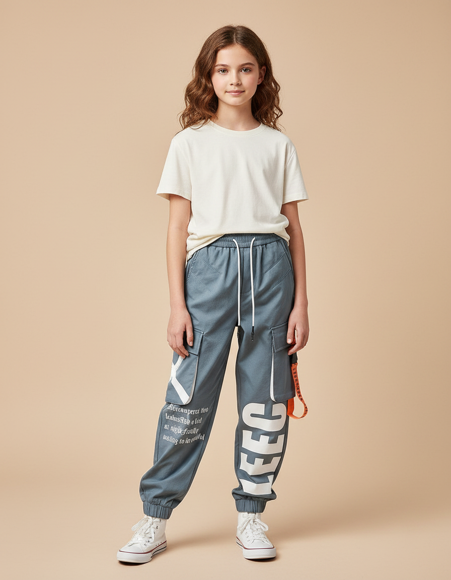 Pantalon Parachute Bleu Cargo Imprimé Ample Streetwear - Polyester