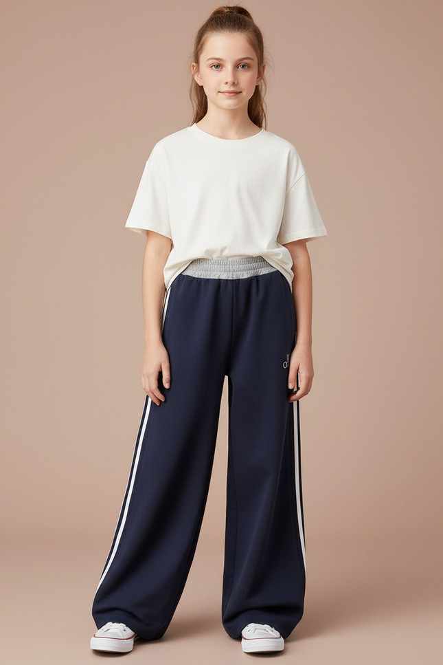 Pantalon Parachute Marine Rayures Blanches Ample Sport - Molleton