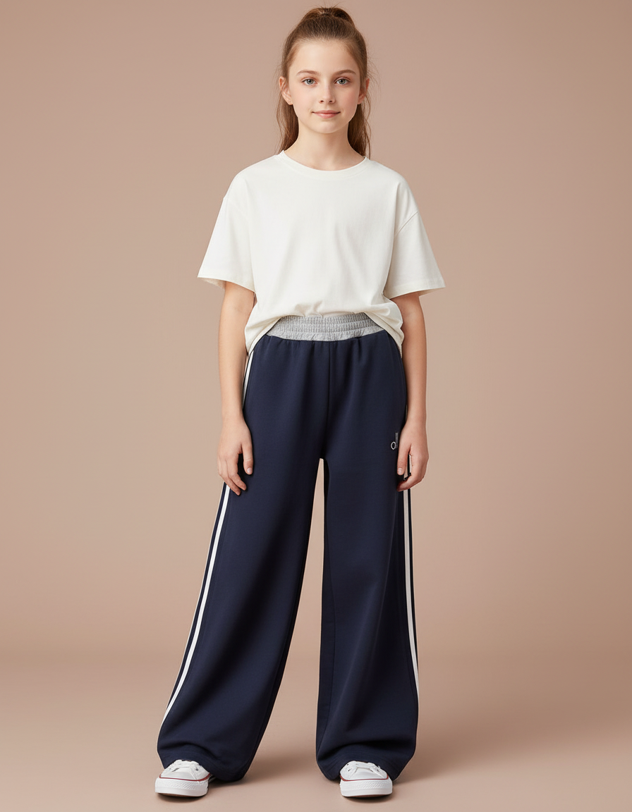 Pantalon Parachute Marine Rayures Blanches Ample Sport - Molleton