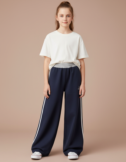 Pantalon Parachute Marine Rayures Blanches Ample Sport - Molleton