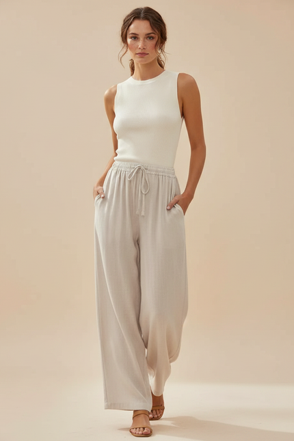 Pantalon Parachute Blanc Crème Lin Large Décontracté Femme - Beige