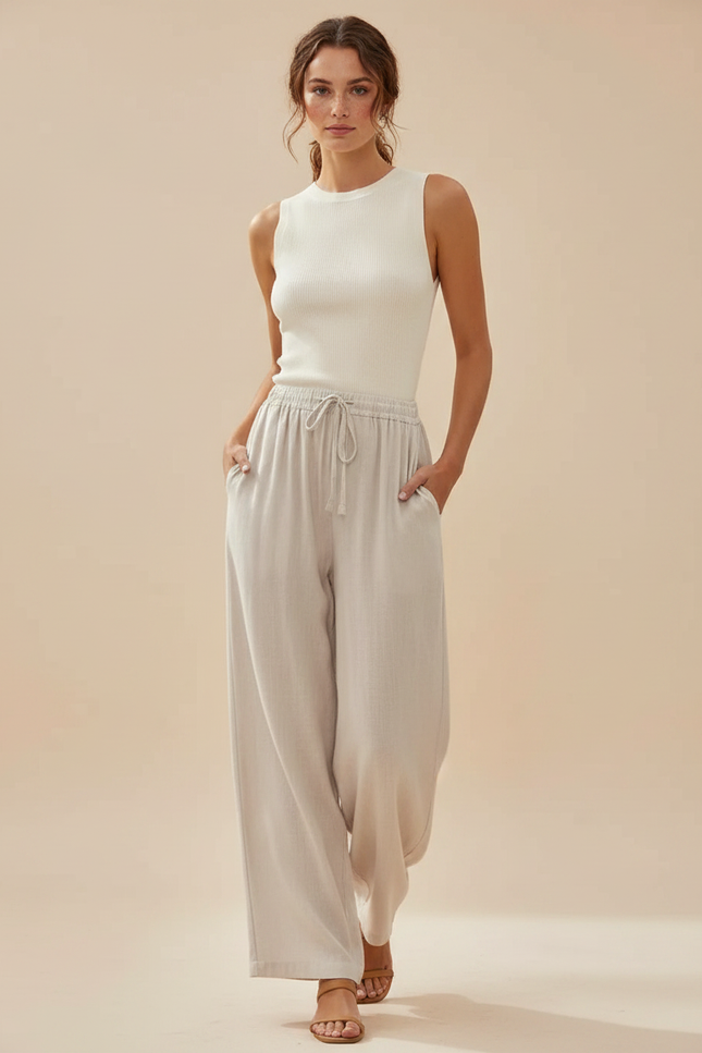Pantalon Parachute Blanc Crème Lin Large Décontracté Femme - Beige
